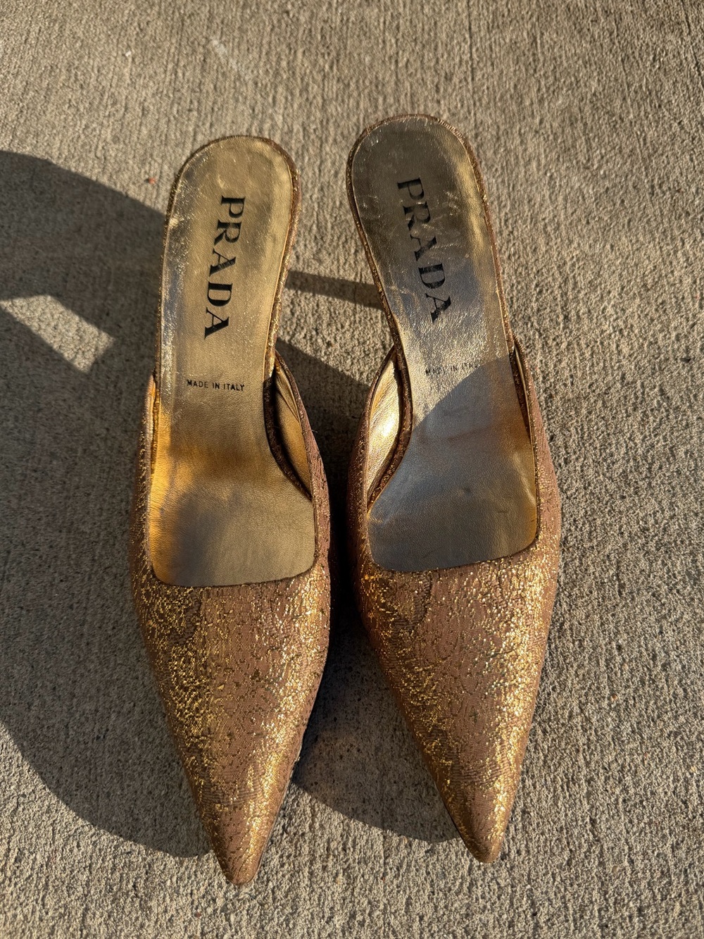 Prada Metallic Gold Pointed-Toe Mules
